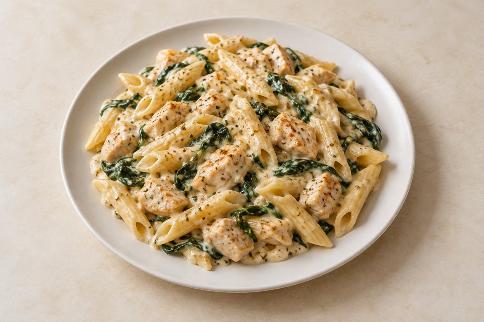 Romige kip-pasta met spinazie